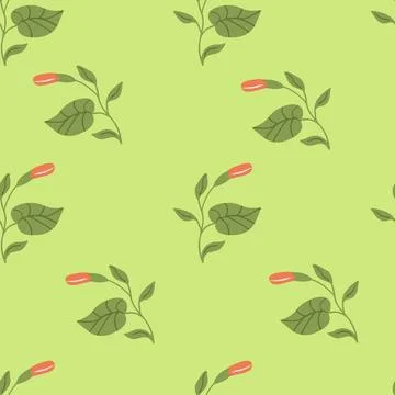 Seamless pattern with green leaves on green background. Hand drawn doodle t.. Stock Illustration