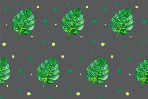 Seamless pattern with green leaves on grey board. Monstera illustration Stock Illustration