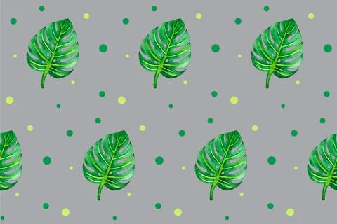 Seamless pattern with green leaves on grey board. Monstera illustration. Hand Stock Illustration