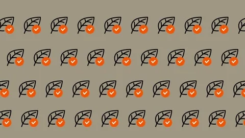 Seamless Pattern of Green Leaves with Orange Checkmarks on Beige Background. Stock Footage 325385908