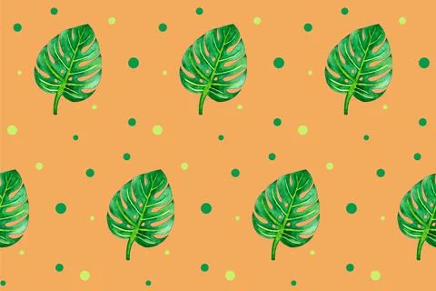 Seamless pattern with green leaves on orange. Monstera illustration. Hand drawn Stock Illustration