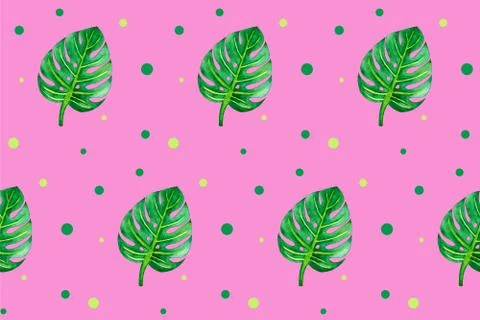 Seamless pattern with green leaves on pink board. Monstera illustration. Hand Stock Illustration