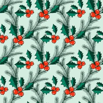 Seamless pattern with green leaves, red holly berries and fir brunches on the Illustrazione stock