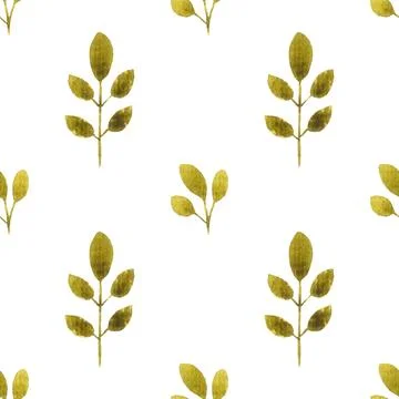 Seamless pattern of green leaves, twigs, hand drawn watercolor on white 스톡 일러스트
