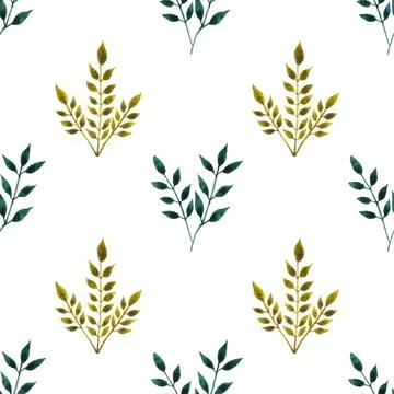 Seamless pattern of green leaves, twigs, hand drawn watercolor on white 스톡 일러스트
