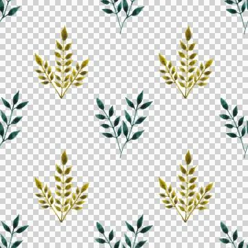 Seamless pattern of green leaves, twigs, hand drawn watercolor on white 스톡 일러스트