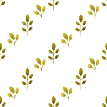 Seamless pattern of green leaves, twigs, hand drawn watercolor on white 스톡 일러스트