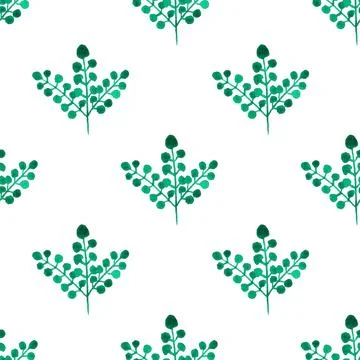 Seamless pattern of green leaves, twigs, hand drawn watercolor on white 스톡 일러스트