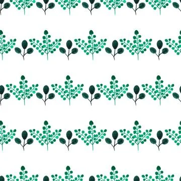 Seamless pattern of green leaves, twigs, hand drawn watercolor on white 스톡 일러스트