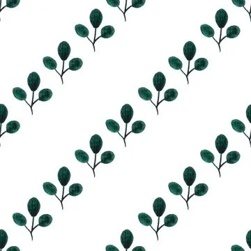 Seamless pattern of green leaves, twigs, hand drawn watercolor on white Illustrazione stock