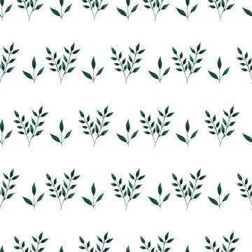 Seamless pattern of green leaves, twigs, hand drawn watercolor on white Illustrazione stock