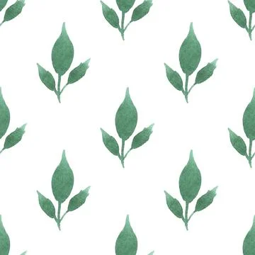 Seamless pattern of green leaves, twigs, hand drawn watercolor on white Illustrazione stock