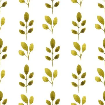 Seamless pattern of green leaves, twigs, hand drawn watercolor on white Illustrazione stock