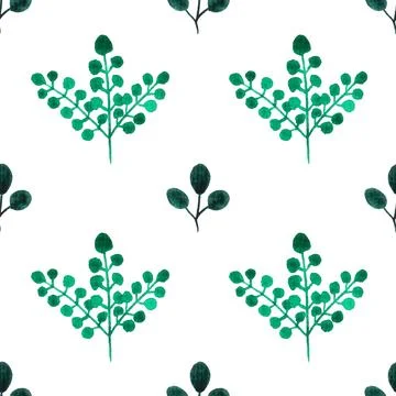 Seamless pattern of green leaves, twigs, hand drawn watercolor on white Illustrazione stock