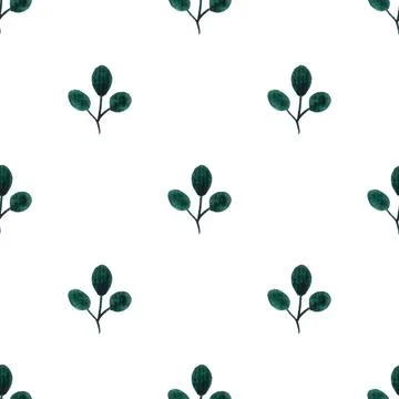 Seamless pattern of green leaves, twigs, hand drawn watercolor on white Illustrazione stock