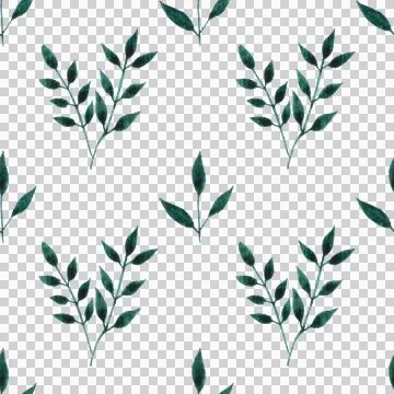 Seamless pattern of green leaves, twigs, hand drawn watercolor on white Stock Illustration