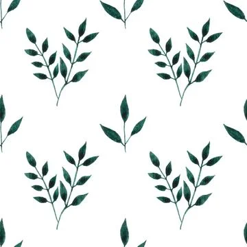 Seamless pattern of green leaves, twigs, hand drawn watercolor on white Illustrazione stock
