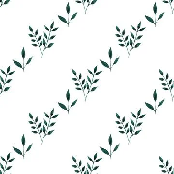 Seamless pattern of green leaves, twigs, hand drawn watercolor on white Illustrazione stock