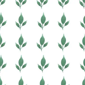 Seamless pattern of green leaves, twigs, hand drawn watercolor on white Illustrazione stock