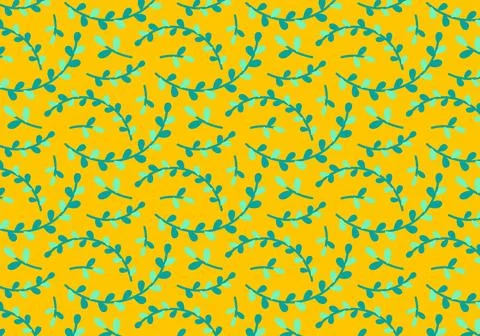 Seamless pattern with green leaves on a yellow background. Stock Illustration
