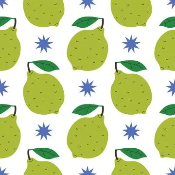 Seamless pattern with green lime and stars in cartoon flat style, arranged in Illustrazione stock