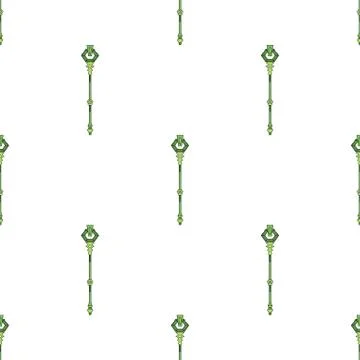 Seamless pattern with green magic staff icon on white background. Vector. Stock Illustration