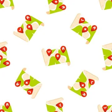 Seamless pattern with green maps showing different locations with red markers 스톡 일러스트