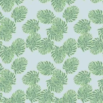 Seamless pattern with green monstera leaf silhouettes. Blue background Stock Illustration
