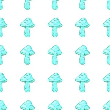Seamless pattern of green mushrooms isolated on white, hand drawn with pen Stock Illustration