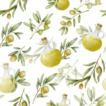 Seamless pattern with green olive branches watercolor drawing. Hand drawn Illustrazione stock