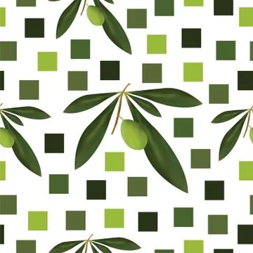 Seamless pattern with green olive tree and squares 스톡 일러스트