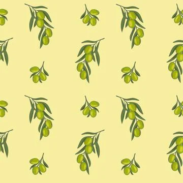 Seamless pattern green olives on yellow background Stock Illustration