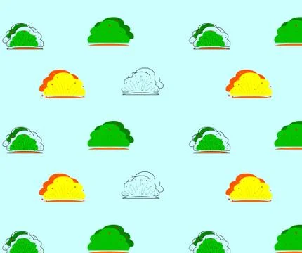 Seamless pattern of green, orange, outline bushes icons. Stock Illustration
