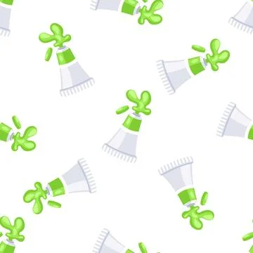 Seamless pattern with green paint spilling from tubes on white background Stock-Illustration