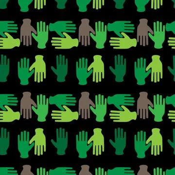 Seamless pattern of green palm hands on black background 스톡 일러스트