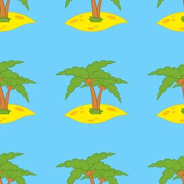 Seamless pattern of green palms on yellow sand on a blue background Illustrazione stock