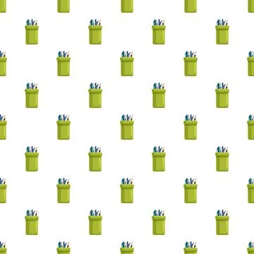 Seamless pattern with green pen holders and stationery Stock Illustration