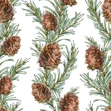A seamless pattern with green pine branches and pine cones in vertical garlands Stock Illustration