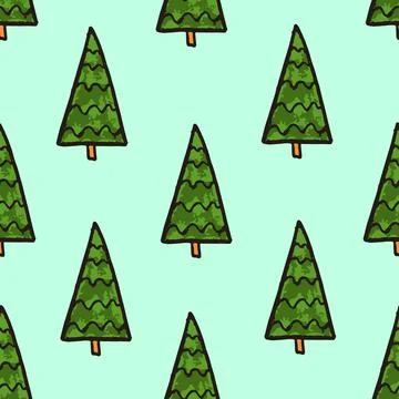 Seamless pattern with green pine trees and spruces, hand drawn on blue 스톡 일러스트