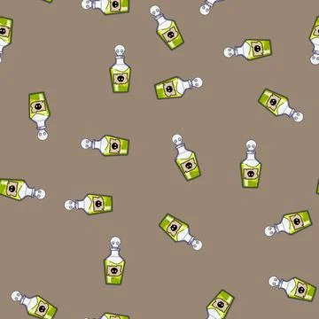 Seamless pattern Green poison potion bottle with skull symbols Stockillustratie