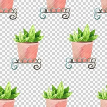 Seamless pattern with green potted plants. Watercolor illustration of houseplant Stock Illustration