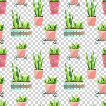 Seamless pattern with green potted plants. Watercolor illustration of houseplant Illustrazione stock