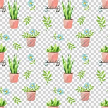 Seamless pattern with green potted plants. Watercolor illustration of houseplant Stock Illustration