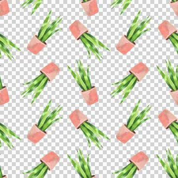 Seamless pattern with green potted plants. Watercolor illustration of houseplant Stock Illustration