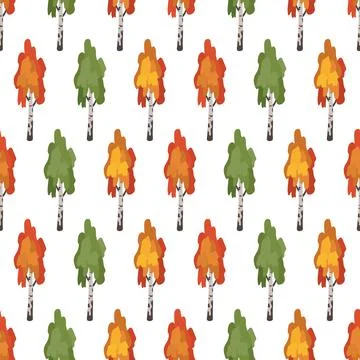 Seamless pattern with green, red and orange birch trees Stock Illustration
