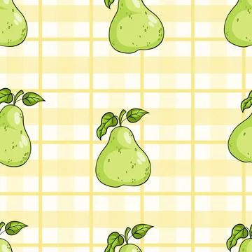 Seamless pattern with green ripe pear fruits with leaves on yellow checkere.. Stock Illustration