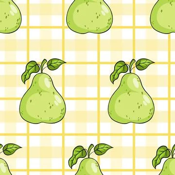 Seamless pattern with green ripe pear fruits on yellow white checkered back.. Stock Illustration