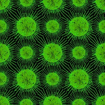 Seamless pattern. Green round virus microbe on a black background. In the style Stock Illustration