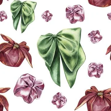 Seamless pattern with green silk bow knot, textile gift box, hair accessory on Stock Illustration