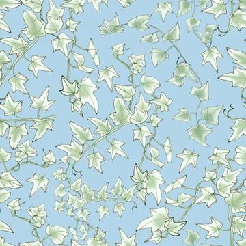 Seamless pattern, green sprig of ivy on a blue background, graphic linear pat Stock Illustration